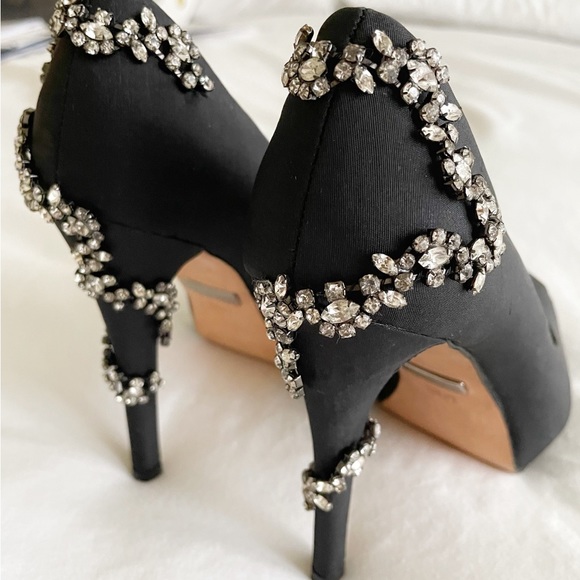 Badgley Mischka black satin Swarovski embellished heels. - Picture 2 of 7